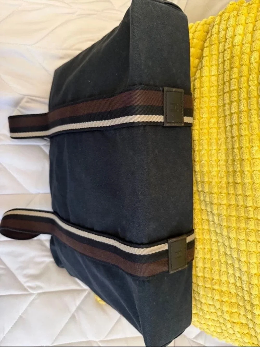 Hermes Black Canvas Messenger Bag with Brown Striped Handles